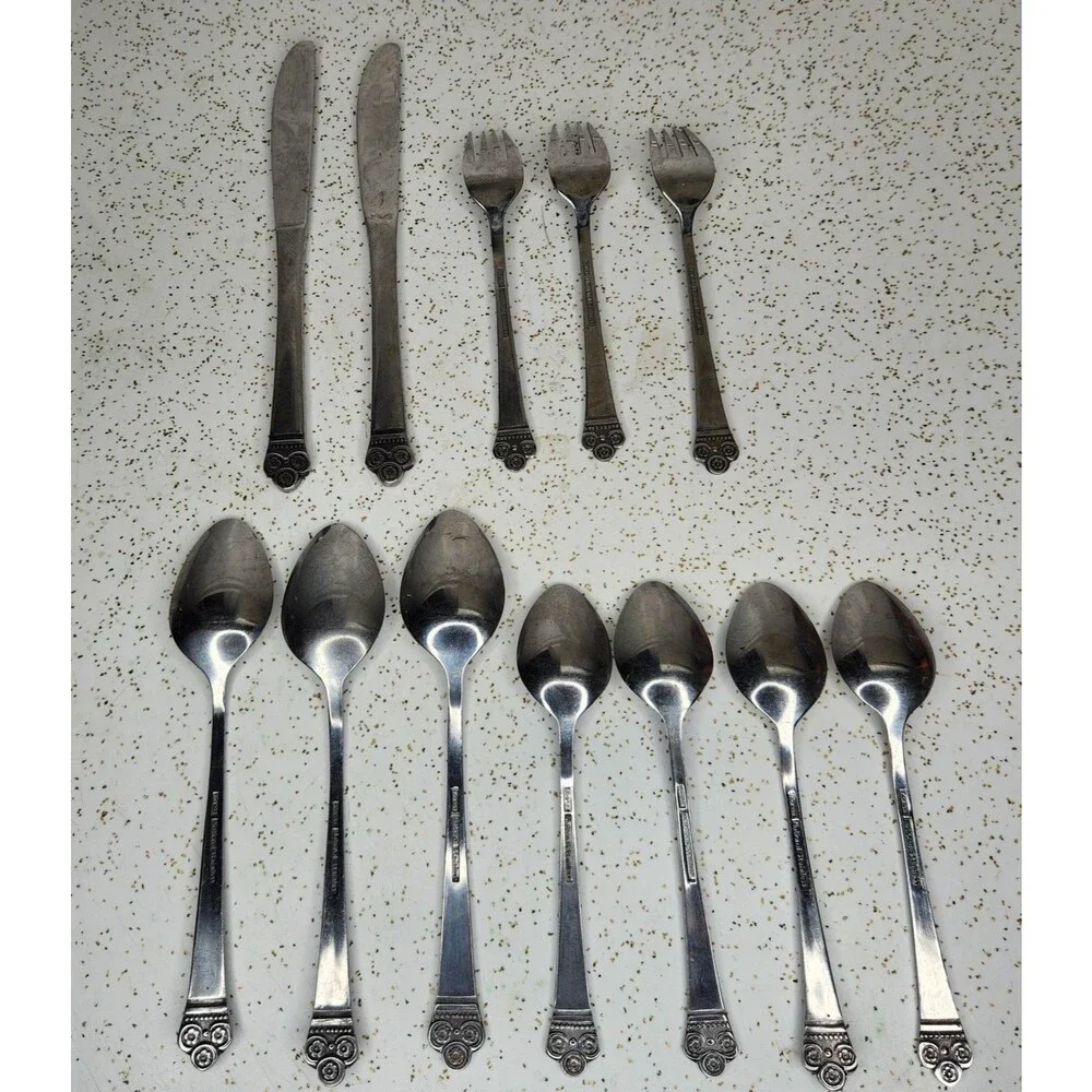 Vtg MCM National COSTA MESA Stainless Flatware JAPAN Spoons Forks Knives 12 Pcs